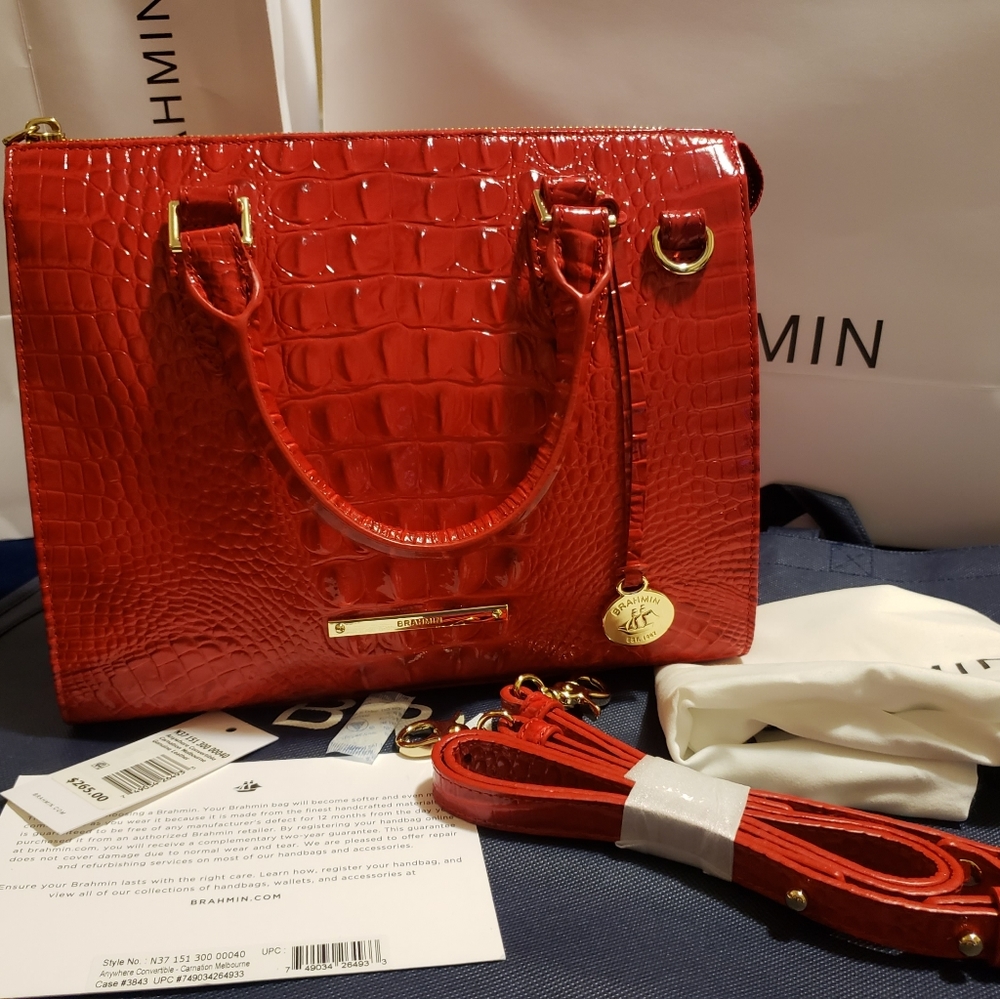 Brahmin Carnation Anytime Convertible Red Leather Bag EEUC